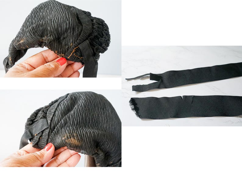 May include: A black fabric hat with a ruffled edge and a black ribbon. The hat is slightly worn and has a few brown stains. Two black fabric ribbons are also shown.