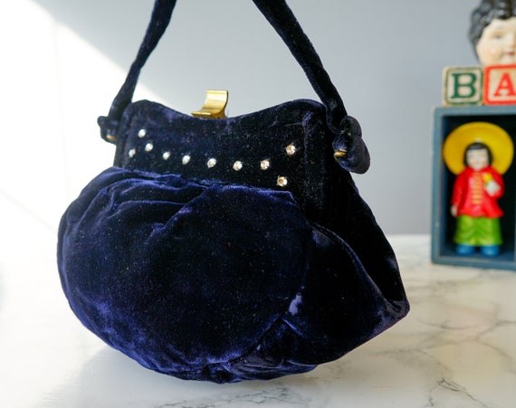 Vintage Blue Velvet Rhinestone Frame Purse/ 1940s… - image 8