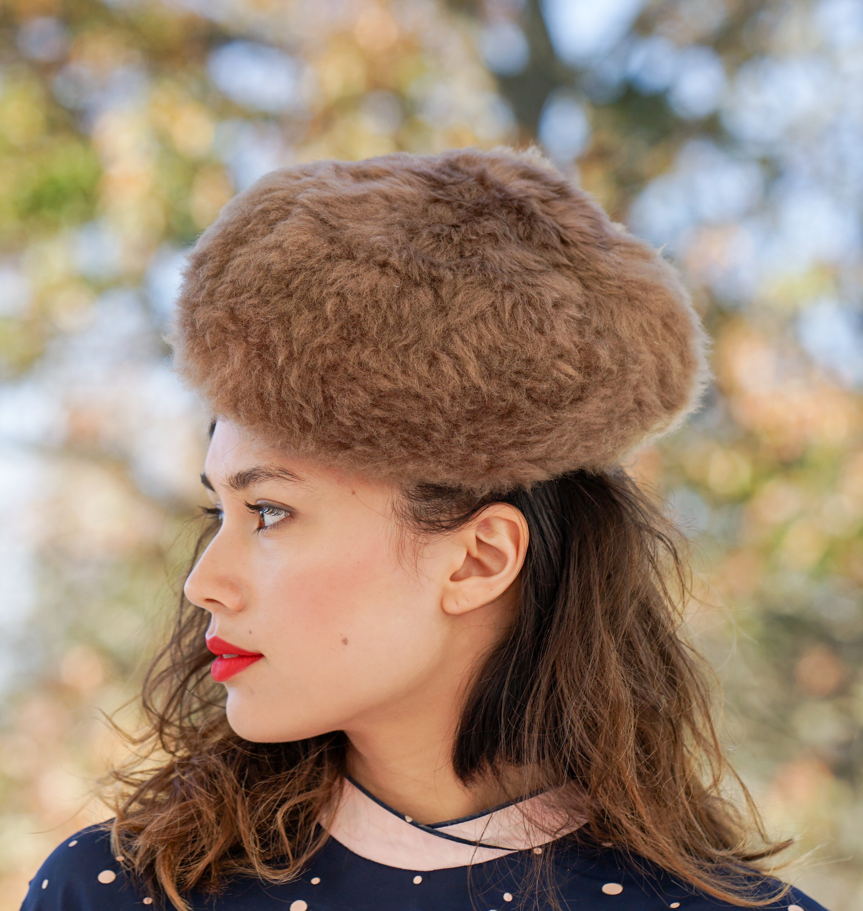 Vintage Shearling Lamb Fur Cossack Hat Brown 1960s Russian Style Round Pillbox Vintage Shearling Fur Pillbox Hat, Cossack Hat, Vintage Fur  main image 3