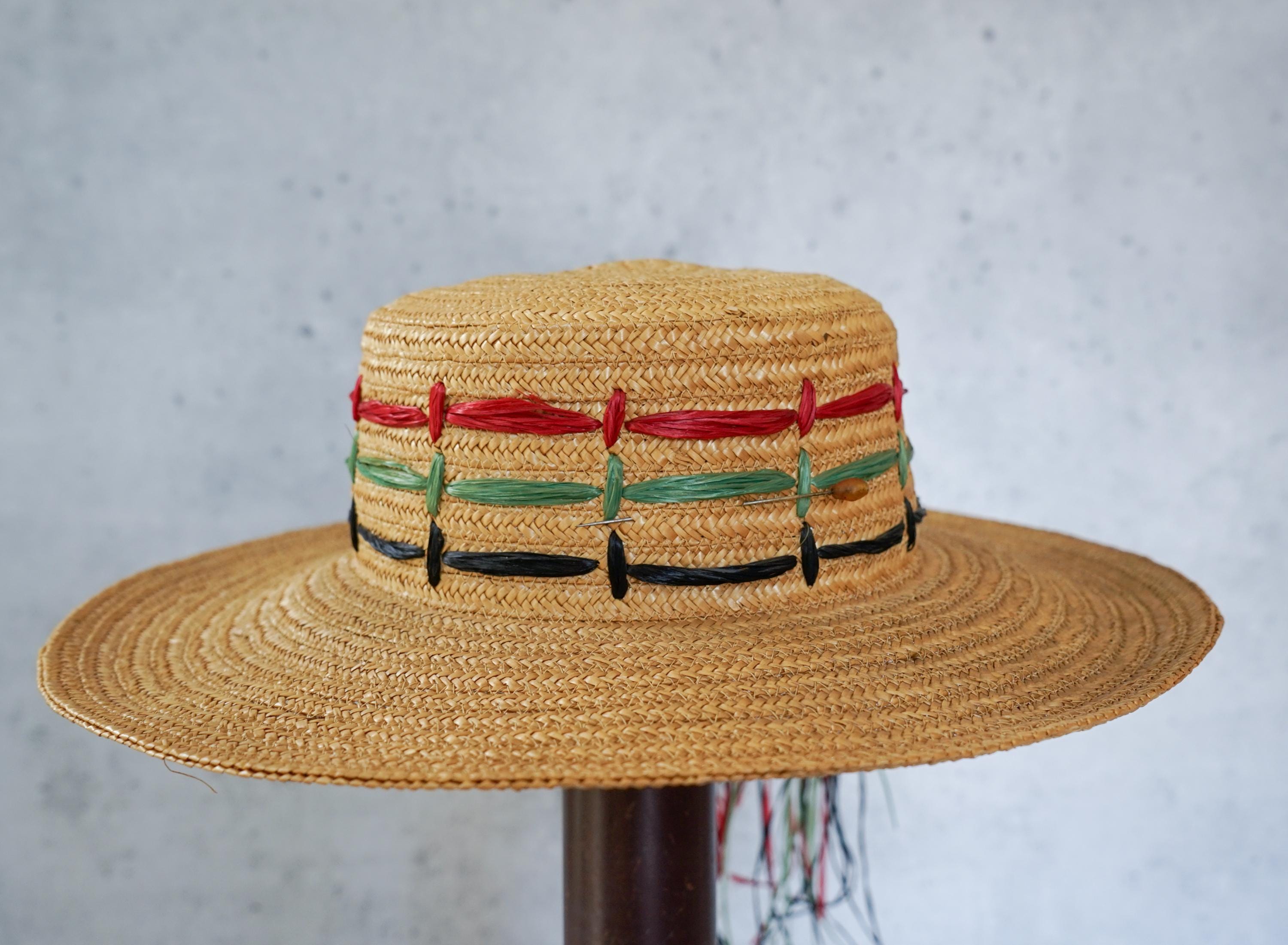 Vintage Italy Straw Raffia Boater Hat, 1940s-50s Hat 