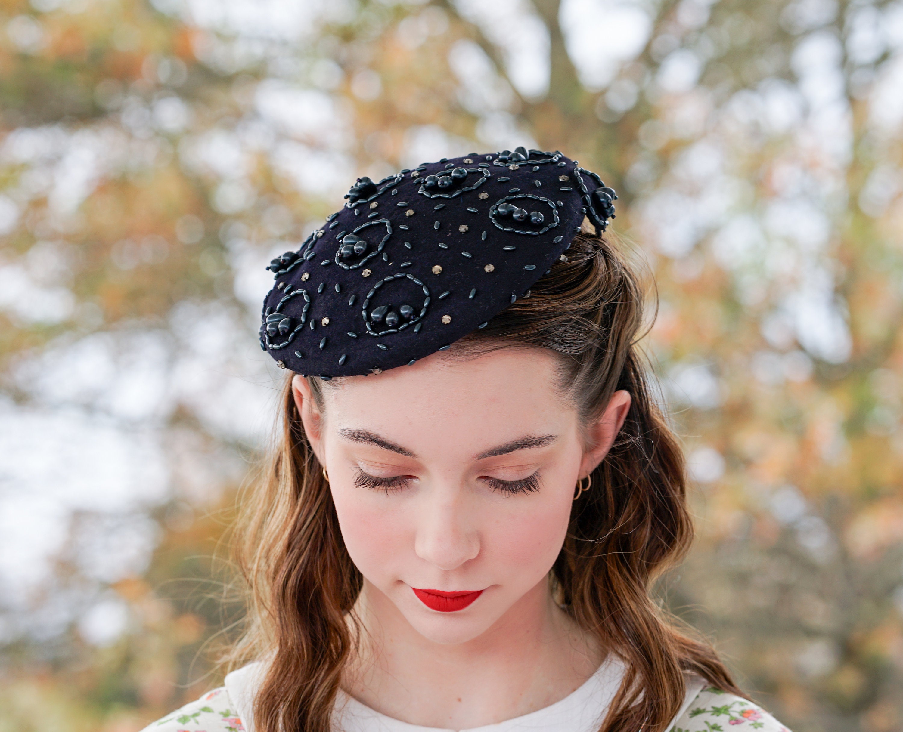 Vintage Wool Bead Half Hat, Cocktail Hat, Vintage Hat, 1950s 
