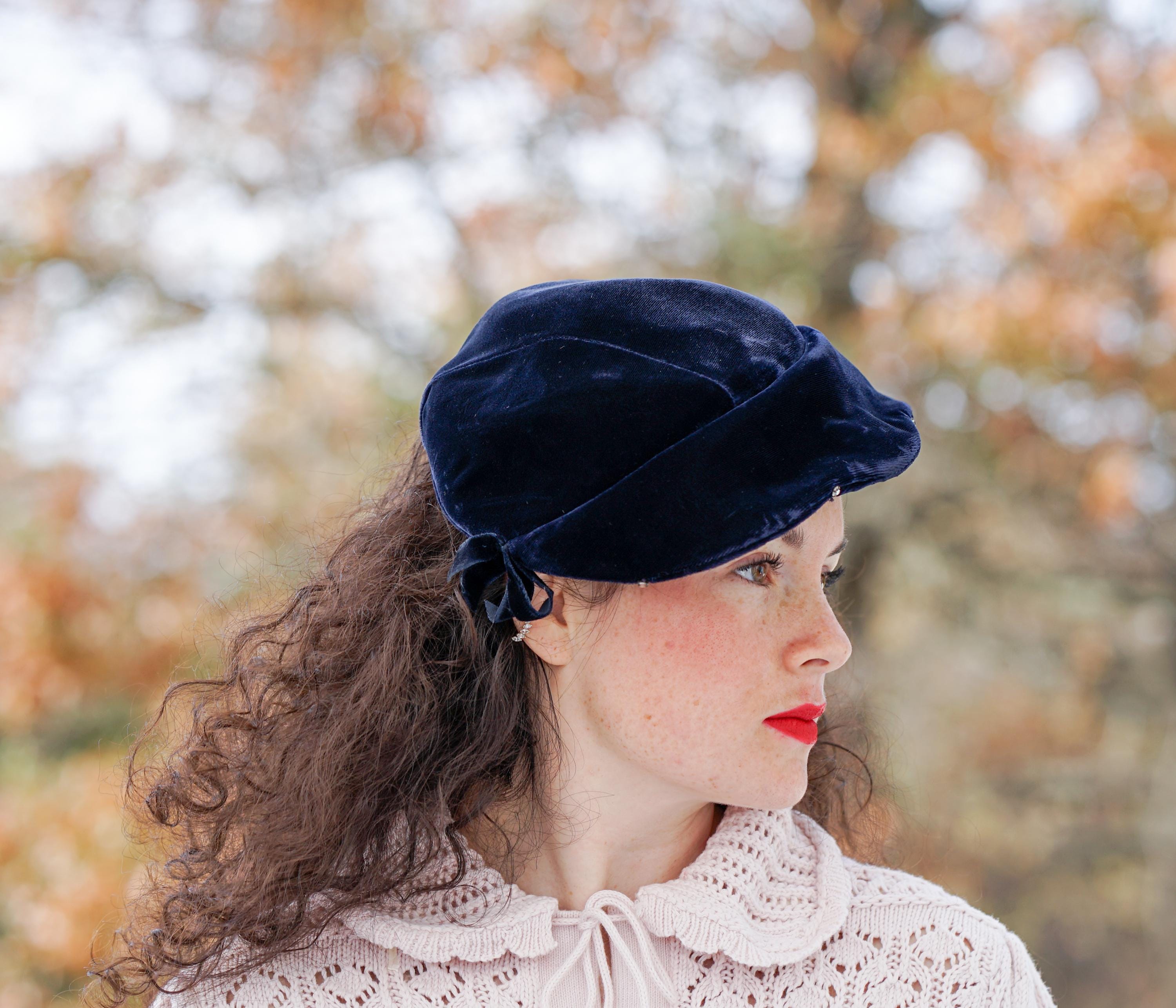Vintage 1940s Blue Velvet Bandeau Hat‎ Rhinestone Accent Cocktail Headpiece half Vintage Rhinestones Velvet Tilt Hat, 1940s-50s Hat, Vintage  main image 4