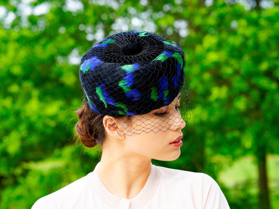 Vintage Feather Pillbox Hat with Box, Half Hat, Vi
