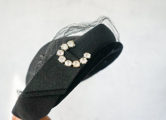 Vintage Fur Felt Rhinestones Half Hat, 1940s-50s … - image 5