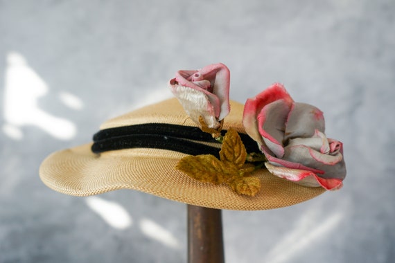 Vintage Flower Straw Mini Boater Hat, Half Hat, 1… - image 5