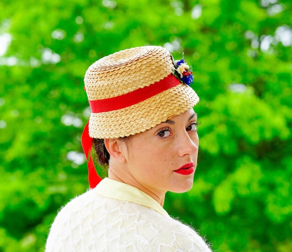 Vintage Straw Hat with Flower, Sailor Hat, 1950s … - image 1