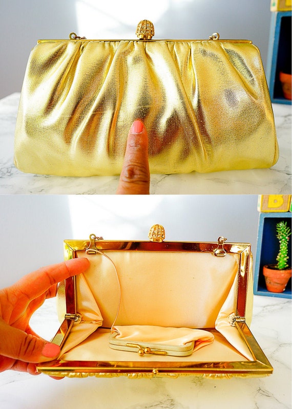 Vintage Gold Lame Faux Leather Clutch Purse/ 1950… - image 10