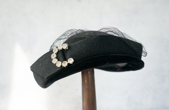 Vintage Fur Felt Rhinestones Half Hat, 1940s-50s … - image 6