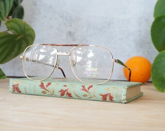 Vintage Aviator Eyeglasses 1980s/Glasses/New Old Stock/Gold tone All Metal Frames Made In Korea New Old stock By Prava