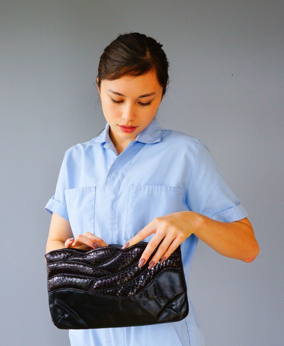 Petit Sac Vintage Femme - Pochette Reptile Véritable Noir - Très Bon état Rétro