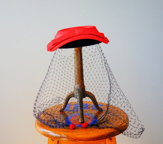 Vintage Straw Boater Veil Hat, 1950s Hat, Half Hat