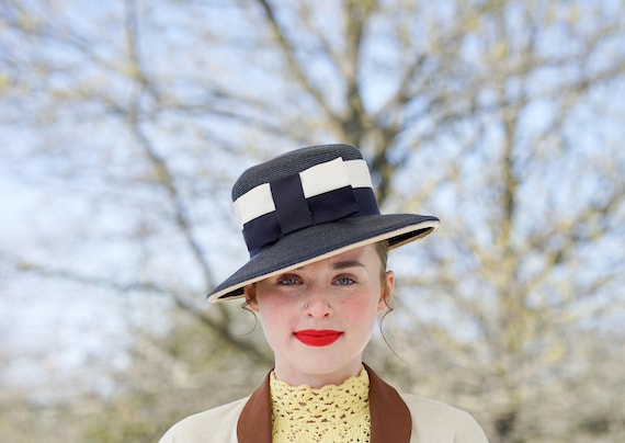 Vtg 60s Terry B. Womens Woven Straw Sun Hat Yellow Checkered‎ Black Bow Retro 1950s / 60s Color Block Straw Hat by Reproductions by  main image 3
