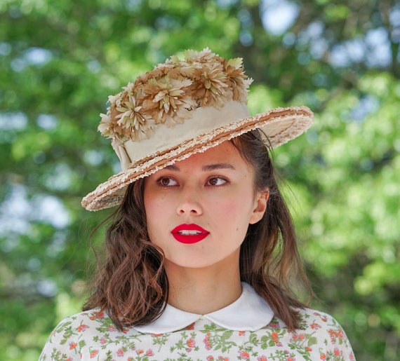 Vintage Straw Floral Boater Hat, Wide Brim Hat, 1950s-60s  display picture 2