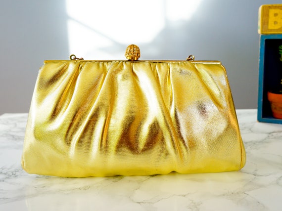 Vintage Gold Lame Faux Leather Clutch Purse/ 1950… - image 7