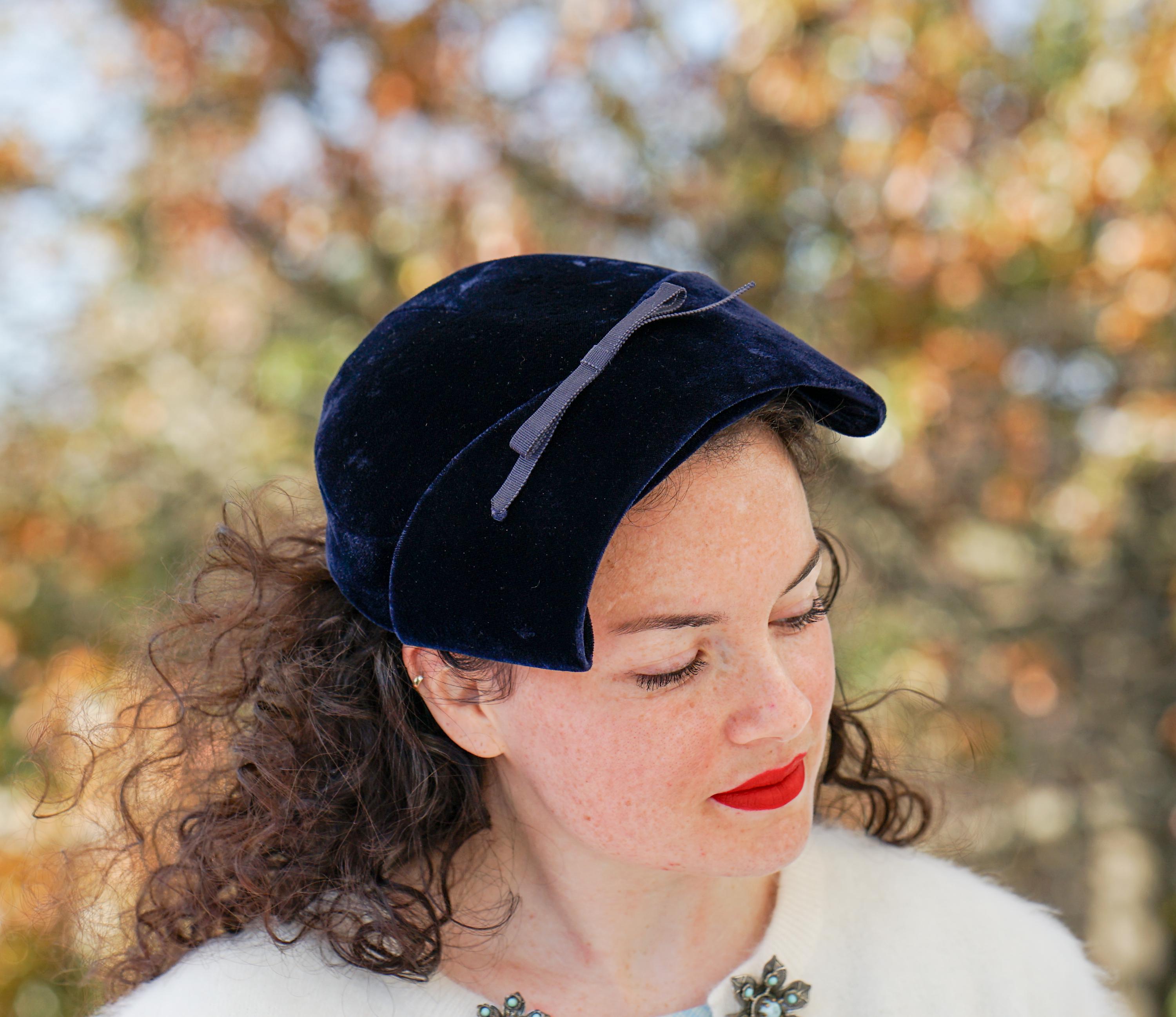 Vintage Woven Velvet Ribbon Halo Hat Pink Blue Navy‎ Cocktail Fascinator Vintage 1950s Navy Blue Cocktail Hat Veil Fascinator Netting  main image 4
