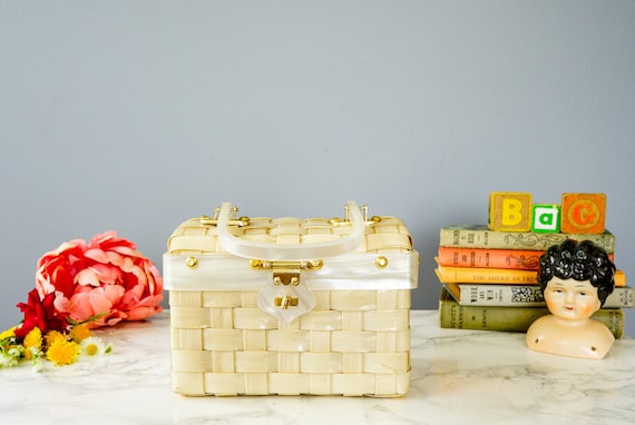Vintage Wicker Lucite Box Purse/ 1950s-60s Handbag