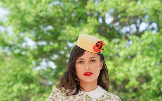 Vintage Floral Pillbox Hat, Half Hat, Vintage Hat… - image 1