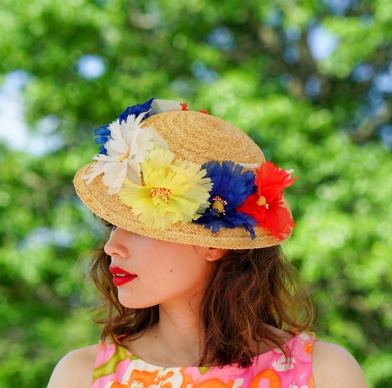 Vintage Floral Straw Bucket Hat, Boater Hat, 1960… - image 2