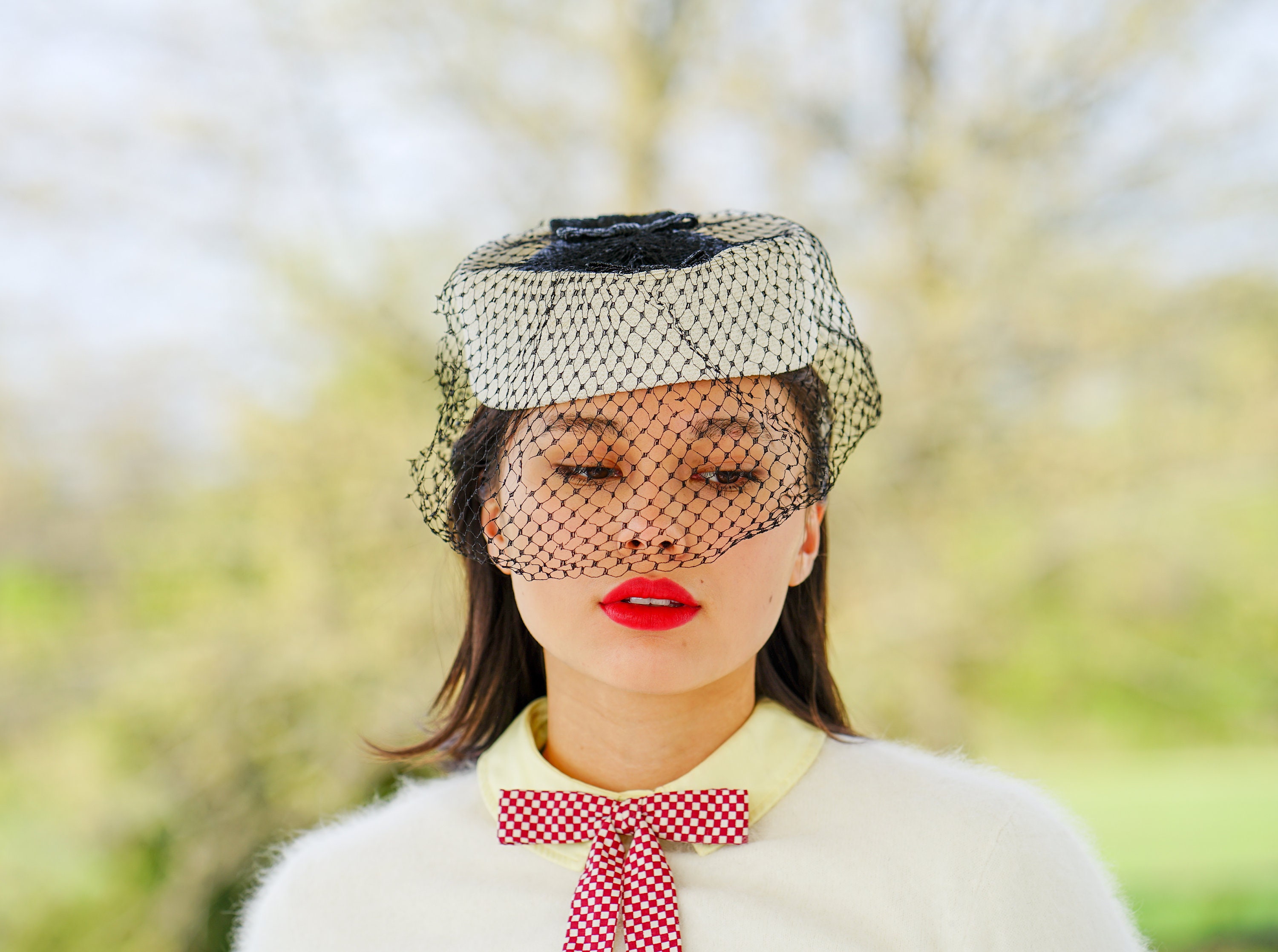 Vintage 1950s 60’s purple pillbox hat by Lora Madman Era Structured Knitted Veil Vintage Straw Pillbox Hat With Veil, 1950s-60s Hat, Vintage  main image 3