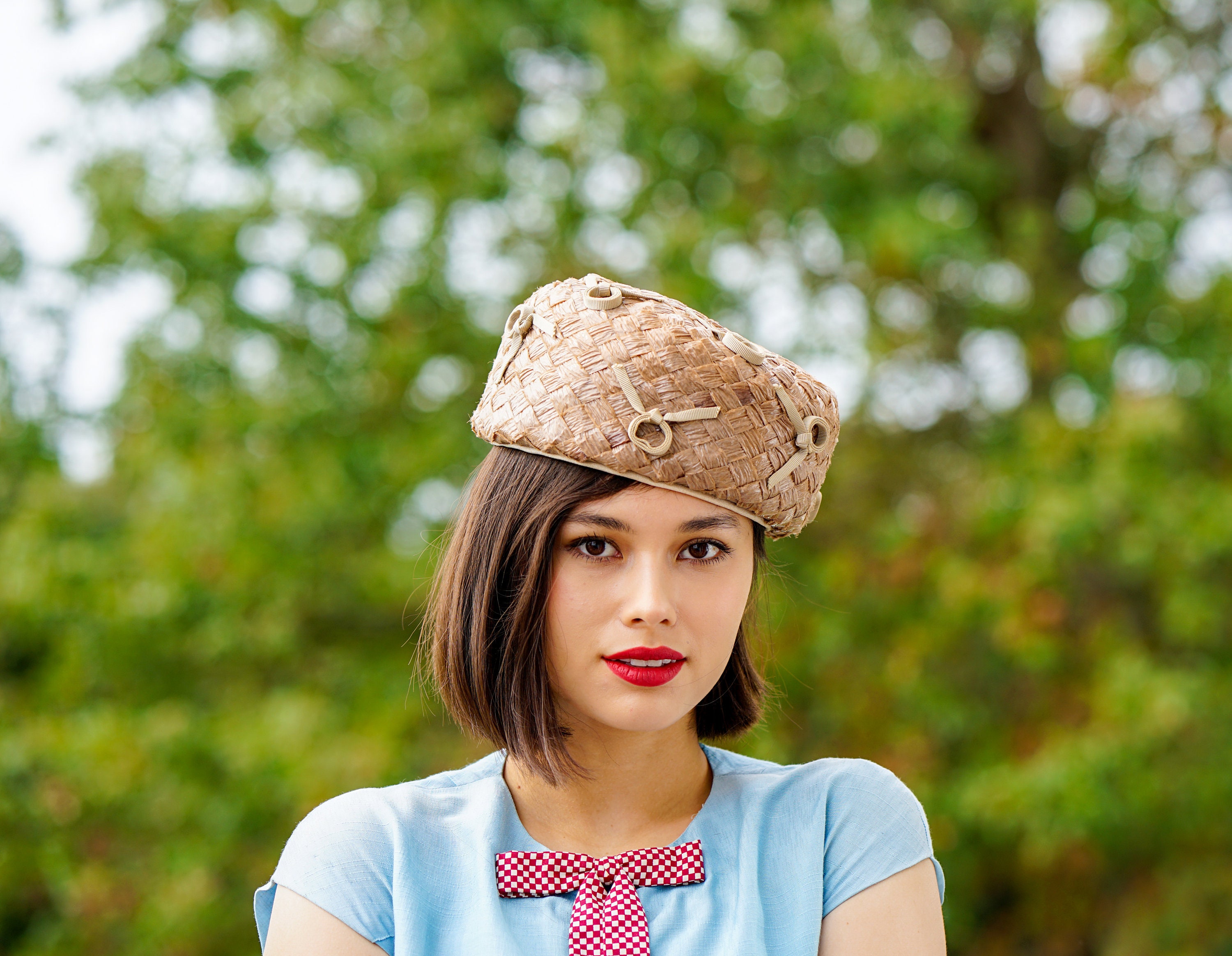 Vintage Straw Pillbox Hat With Bow, Vintage Hat, 1950-60s 