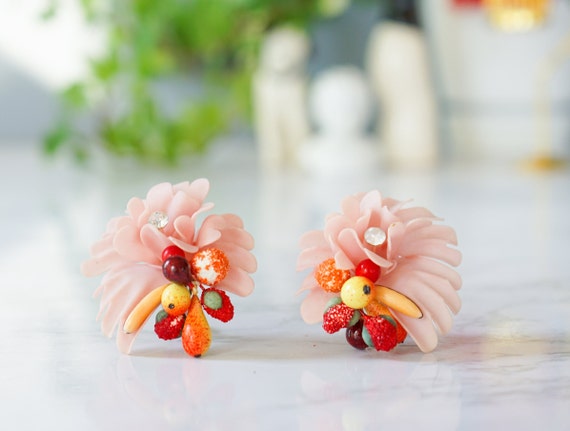 Vintage Plastic Fruit Floral Earrings West German… - image 3