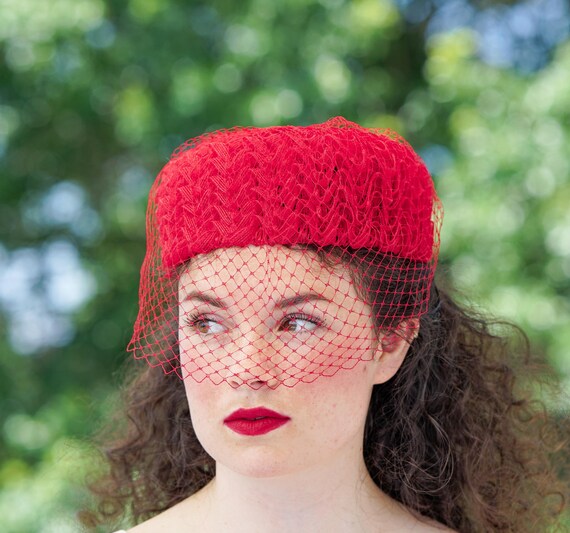 Vintage Ribbon Pillbox Veil Hat, 1950s-60s Hat, V… - image 2