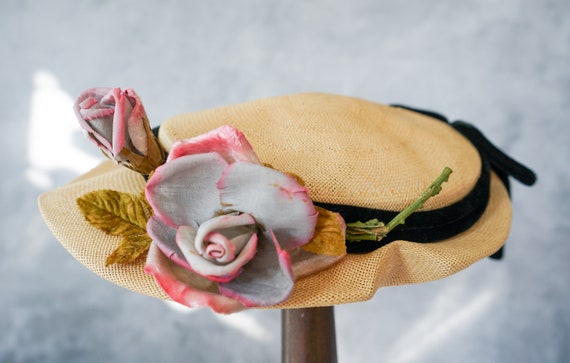 Vintage Flower Straw Mini Boater Hat, Half Hat, 1… - image 6