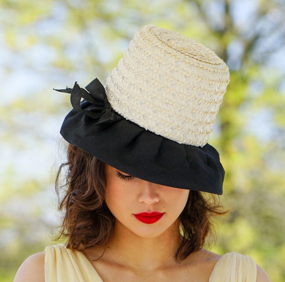 Vintage Straw Bucket Hat, Cloche Hat, 1950s-60s H… - image 3