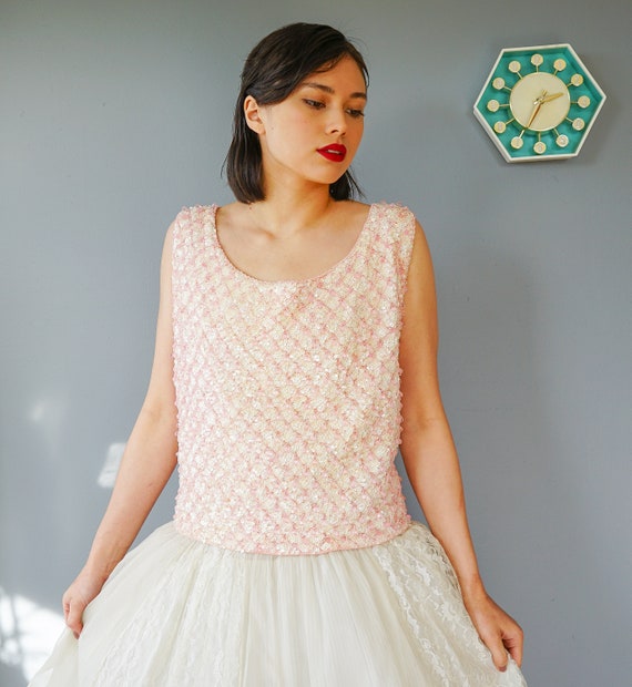 Vintage Pink Bead Sequin Blouse Size L, 1950s-60s Blouse, Vintage Women Shirt, Women Crop Top, Cocktail Blouse, Evening Top, Rockabilly  Top