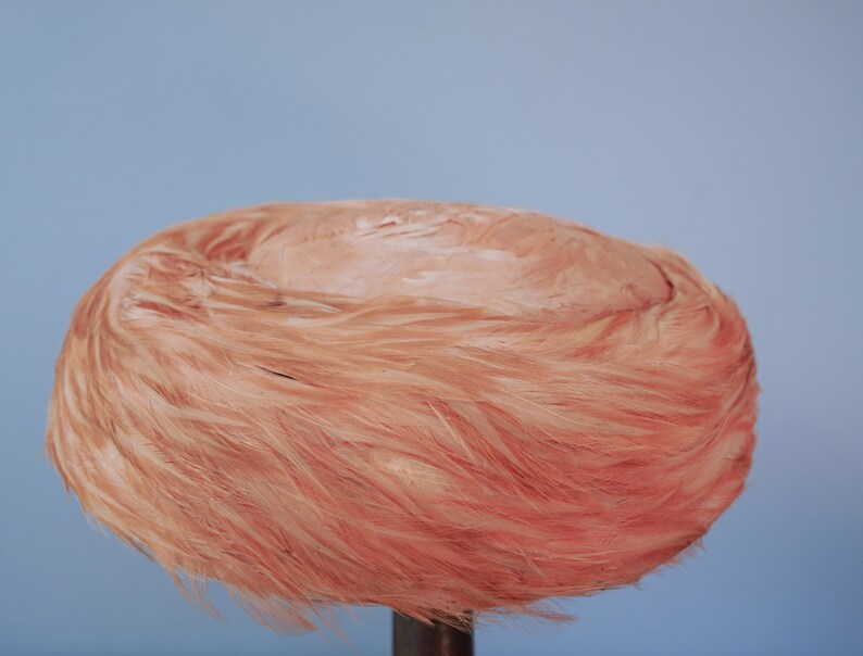 May include: A pink feather hat with a round shape. The hat is made of soft, fluffy feathers and has a smooth, rounded top.