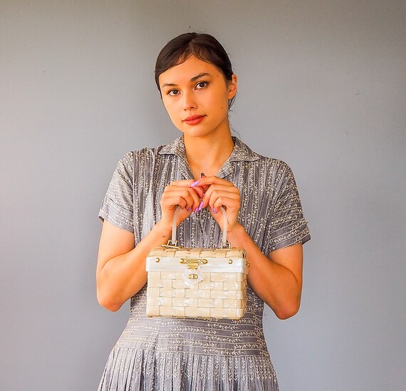 Vintage Wicker Lucite Box Purse/ 1950s-60s Handbag