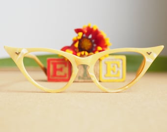 Gafas vintage de los años 60, gafas de ojo de gato, monturas, gafas, rockabilly, ojo de gato, de Victory Optical, tono amarillo mármol, nuevas, stock antiguo