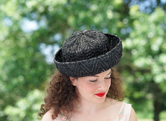 Vintage Straw Breton Hat, Women Bowler Hat, 1950s… - image 1