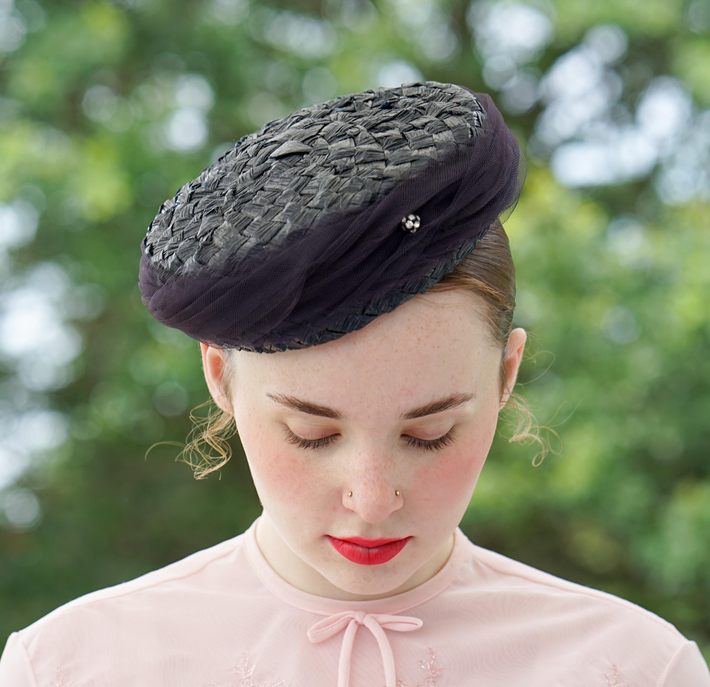 Vintage Tulle Pillbox Hat‎ Bridal pillbox hat with pearl adorned birdcage veil and bow main image 4