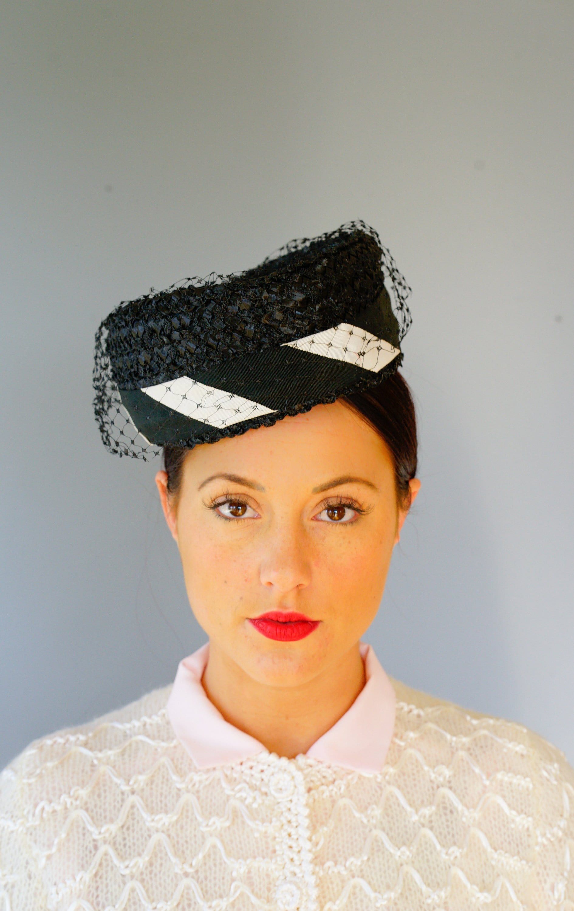 Vintage Straw Pillbox Hat With Net 