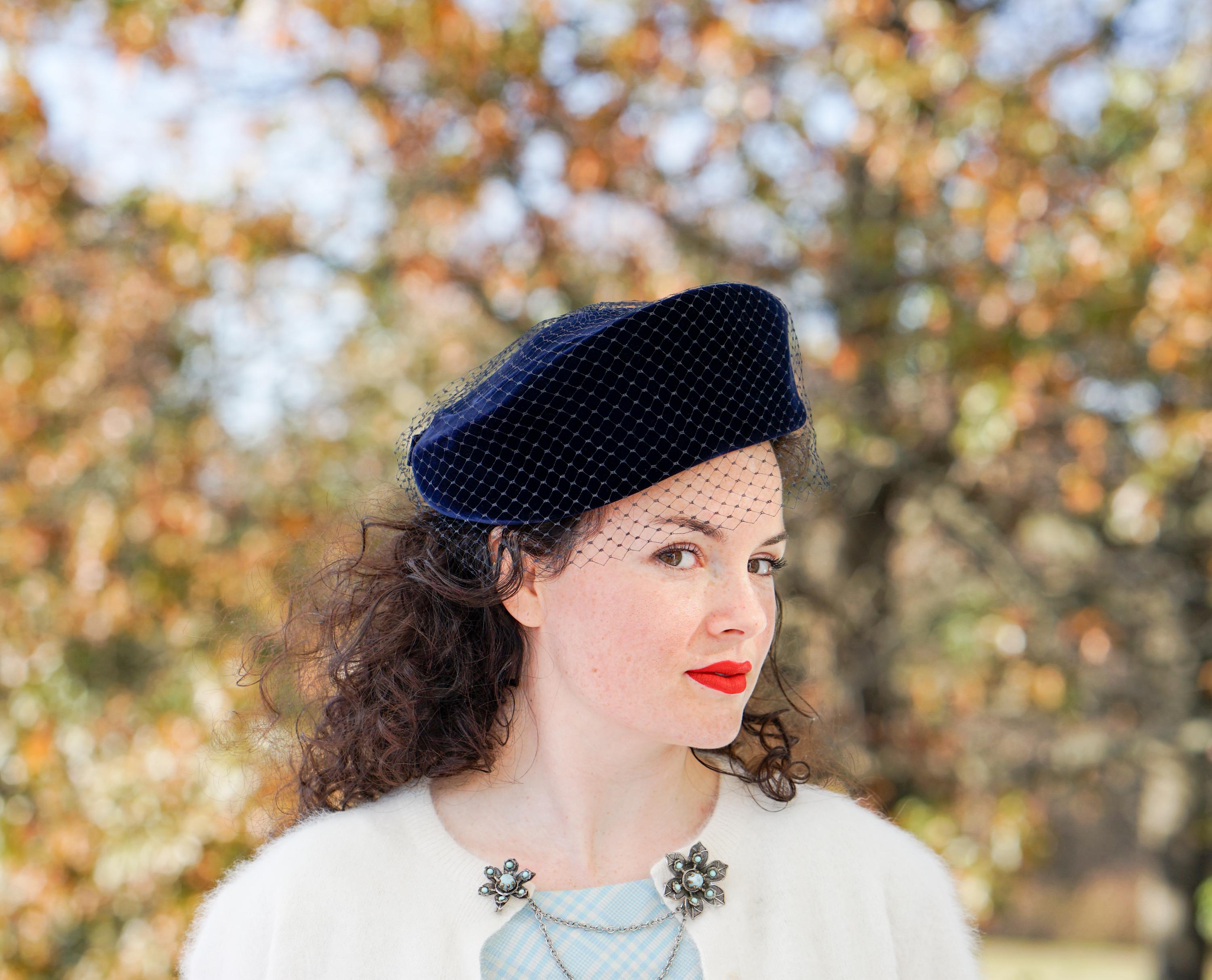 Vintage Velvet Felt Navy Blue Beret Cap Hat Pillbox Hat Red Rhinestones Pearls Similar Items to Navy Blue Wool Felt Church Hat Trimmed with  main image 2
