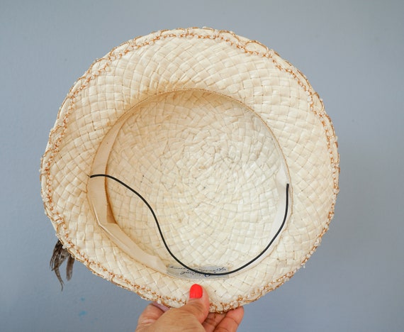 Vintage Straw Boater Feather Hat, Sailor Hat, 195… - image 10