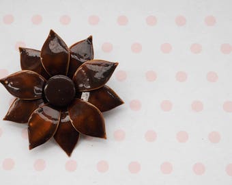 Vintage 1960s Brown Floral Enamel Brooch, Vintage Jewelry, Mid Century Jewelry, Vintage Brooch, Retro Pin, Costume Jewelry, Floral Brooch