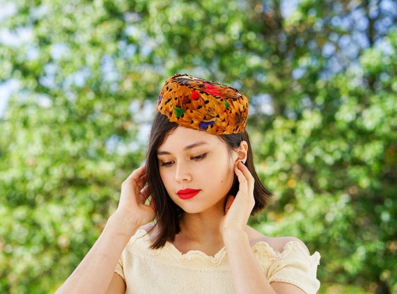 Vintage Pheasant Feather Pillbox Hat, Vintage Hat,