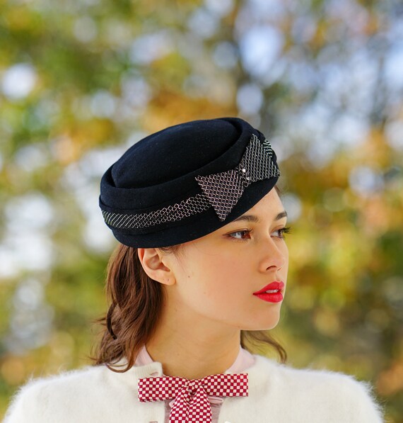 Vintage Fur Felt Pillbox Hat With Bow 