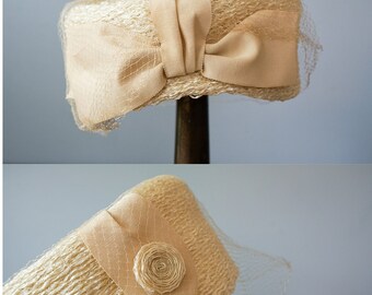 Vintage 60s Ivory White Pleated Pillbox Hat Draped Mid Century Bridal Church Hat Vintage ivory bridal hat - Gem main image 2