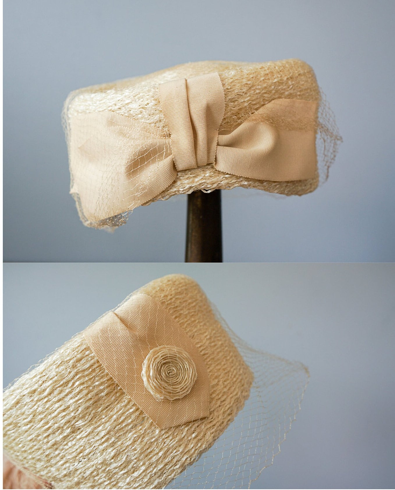 Vintage High Fashion White/Cream Women\'s Straw Pillbox Veiled Hat Pillbox White Straw Vintage Hats for Women for sale | eBay main image 2