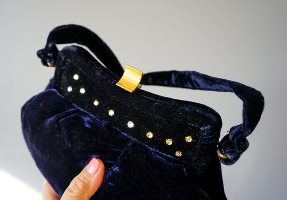 Vintage Blue Velvet Rhinestone Frame Purse/ 1940s… - image 7