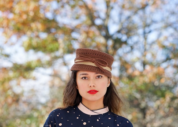 Vintage Needlepoint by Everitt Hat with bow in back Navy Blue Vintage Everitt Needlepoint Hat, Vintage Knit Hat, 1940s  main image 3