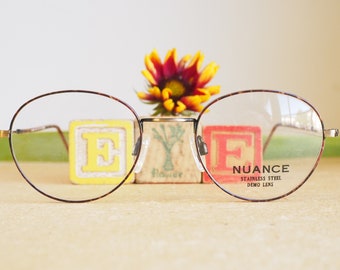 Vintage Eyeglasses 1990s/Glasses/New Old Stock/hipster/frames/Gold tone tortoiseshell enamel Made In Korea By Nuance