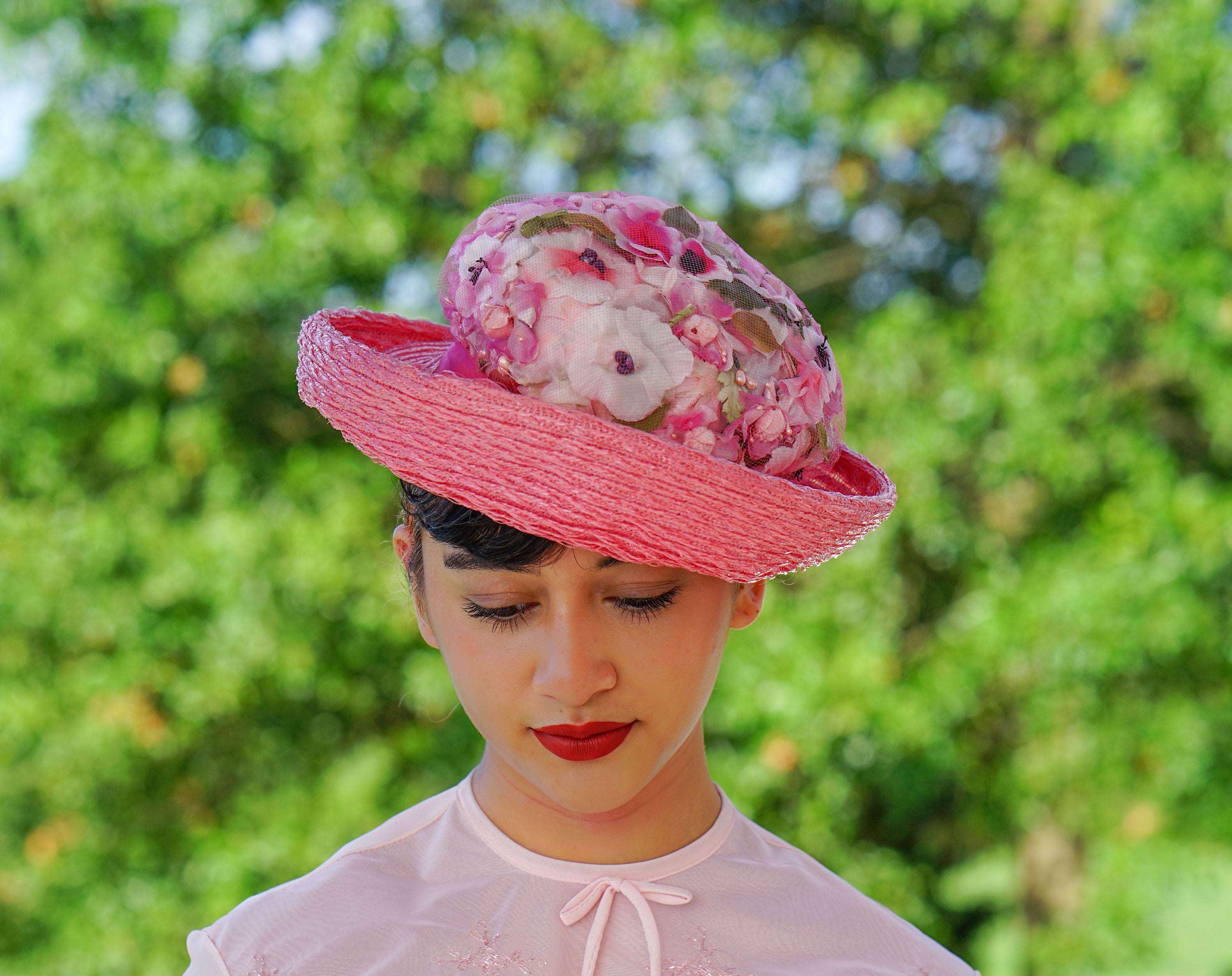 Vintage Floral Bowler Hat Breton Hat 