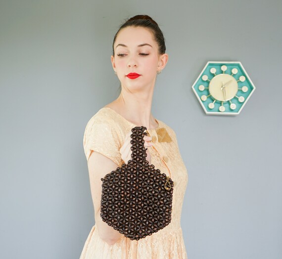 Vintage 1930s Czechoslovakia Wood Bead Bag/ Wrist… - image 3