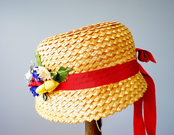 Vintage Straw Hat with Flower, Sailor Hat, 1950s … - image 7