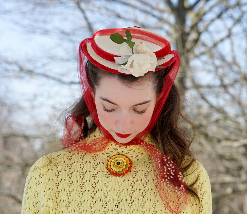 Vintage Floral half hat, Easter Bonnet Hat, 1950s-60s Hat, Vintage Hat, Women Hat, Wedding Hat, Tea Party Hat, MCM Hat, Spring Summer Hat image 3