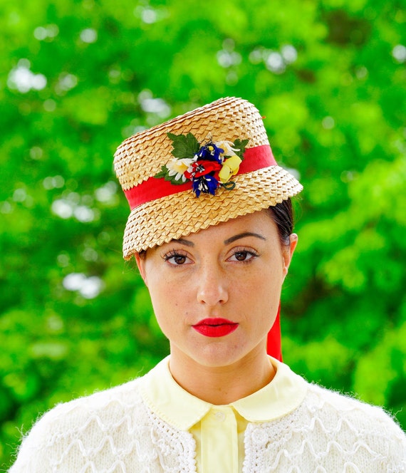 Vintage Straw Hat with Flower, Sailor Hat, 1950s … - image 2